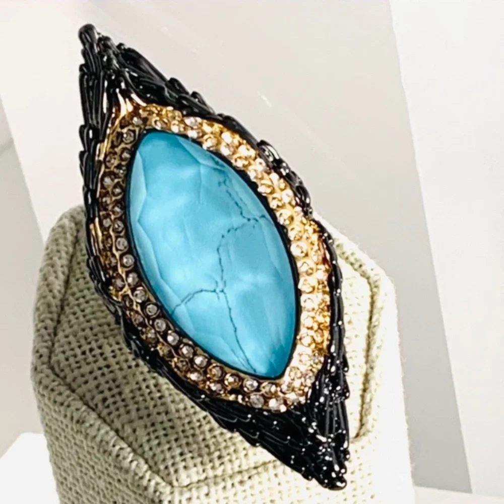 ALEXIS BITTAR Black Gunmetal Gold Doublet Turquoise Stone Maldivian Feather Ring